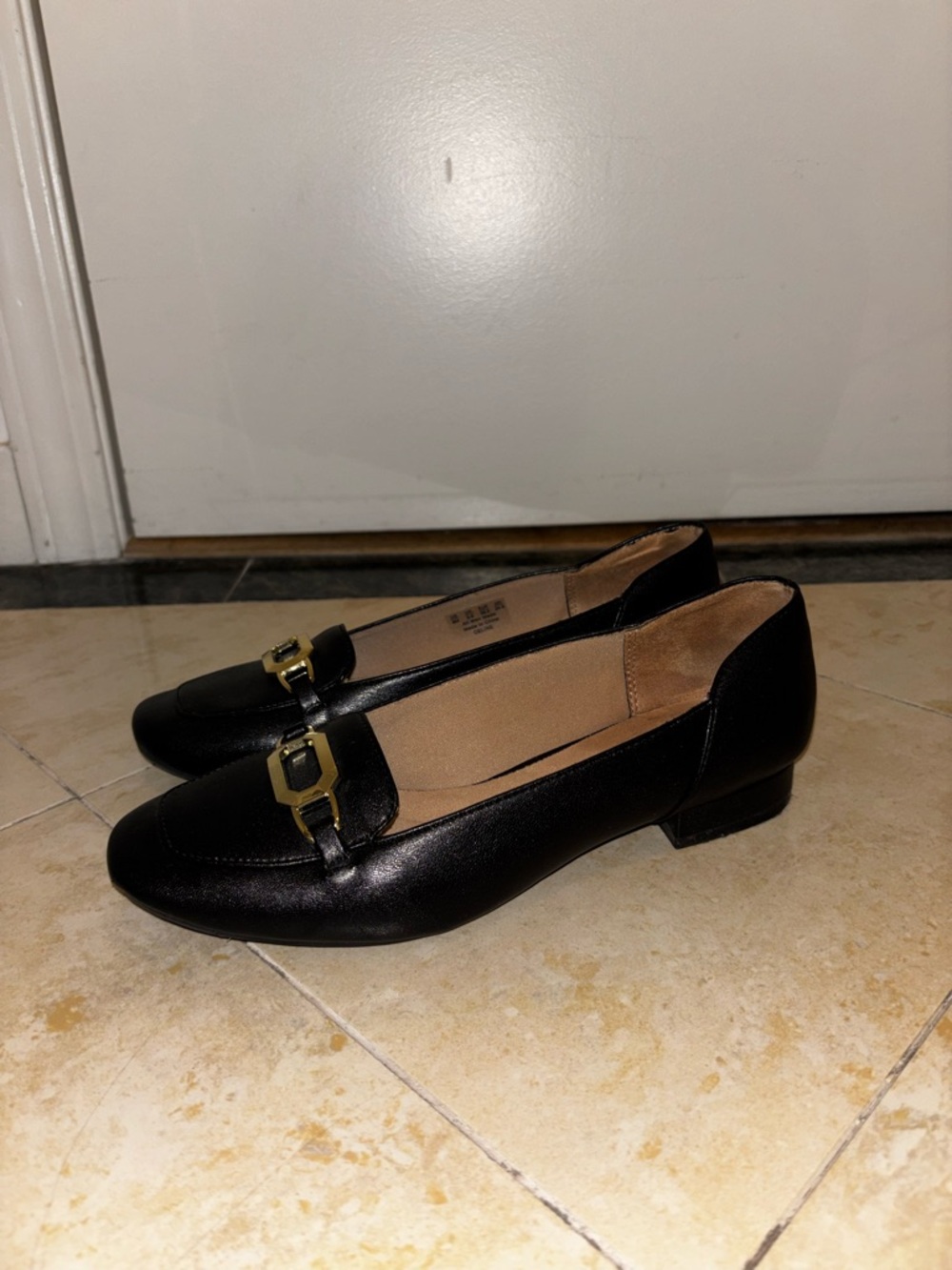 Life Stride Black Leather Loafers with Gold Buckle